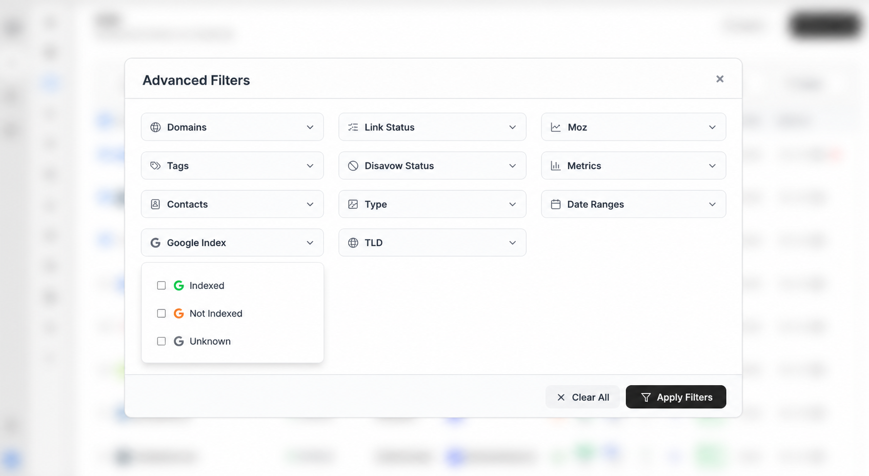 Advanced Filters with Domains, Tags, Contacts, Google Index, Link Status, and more