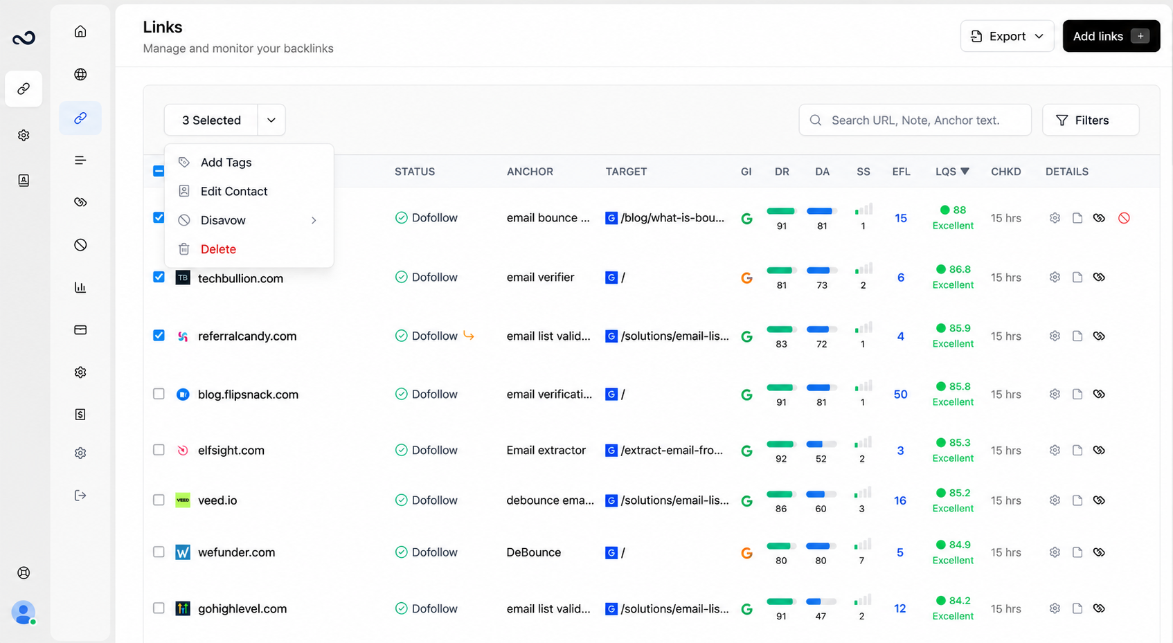Bulk actions menu showing Add Tags, Edit Contact, Disavow, and Delete