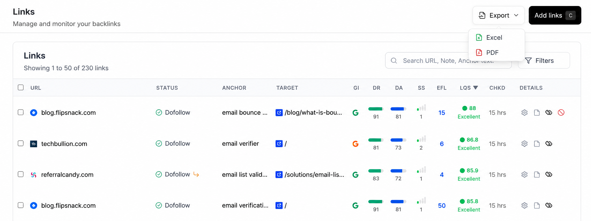 Export menu on Links showing Excel and PDF