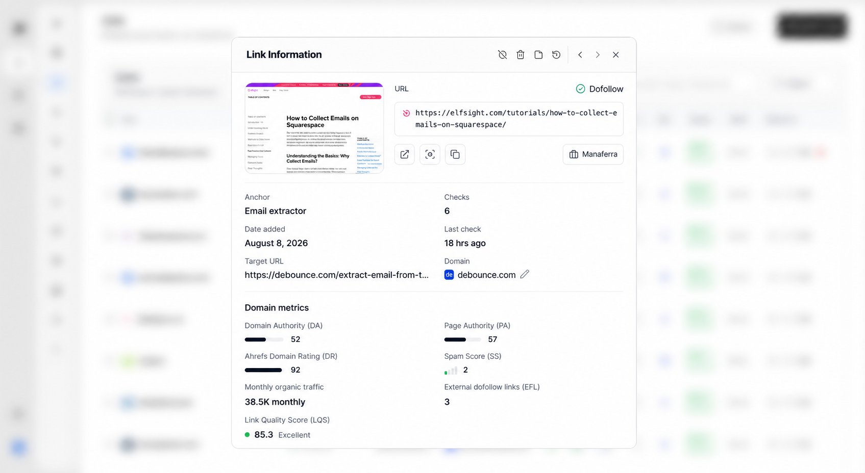Link Information modal with URL, status, screenshot, domain metrics, and LQS