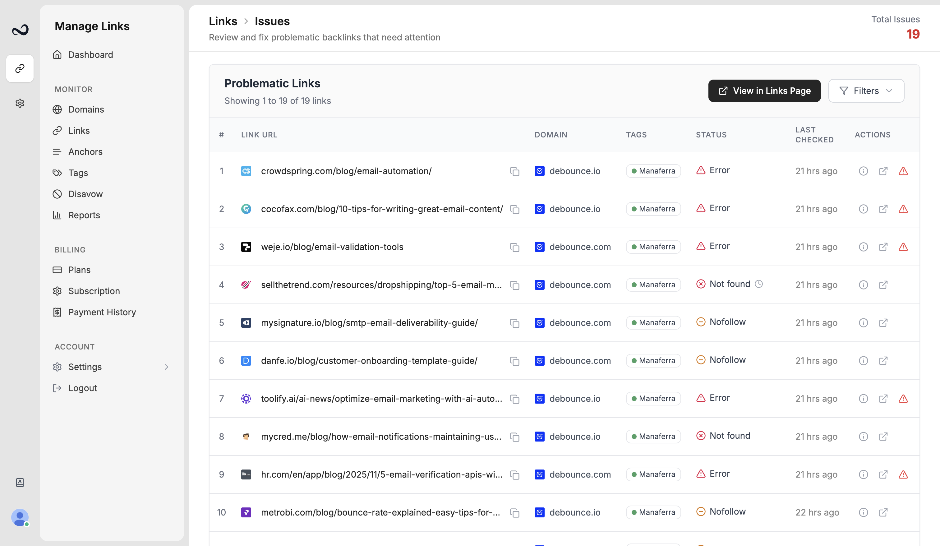 Issues page listing problematic links with error, not found, and nofollow statuses