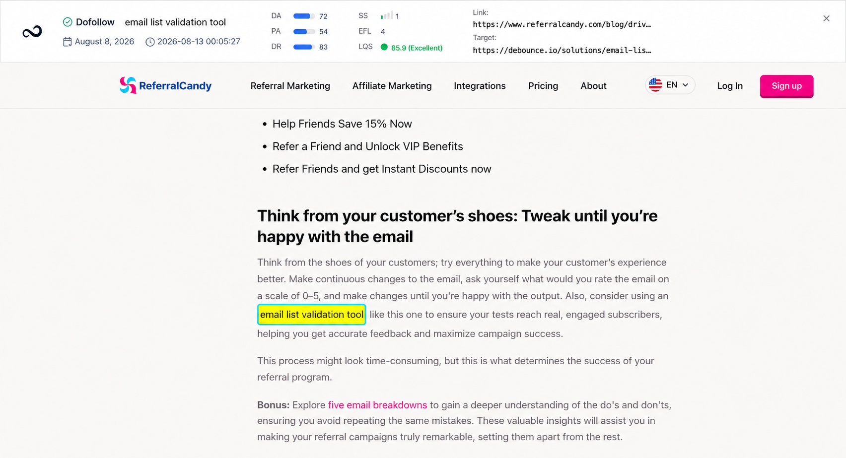 Link visualizer preview with the monitored backlink highlighted on the page