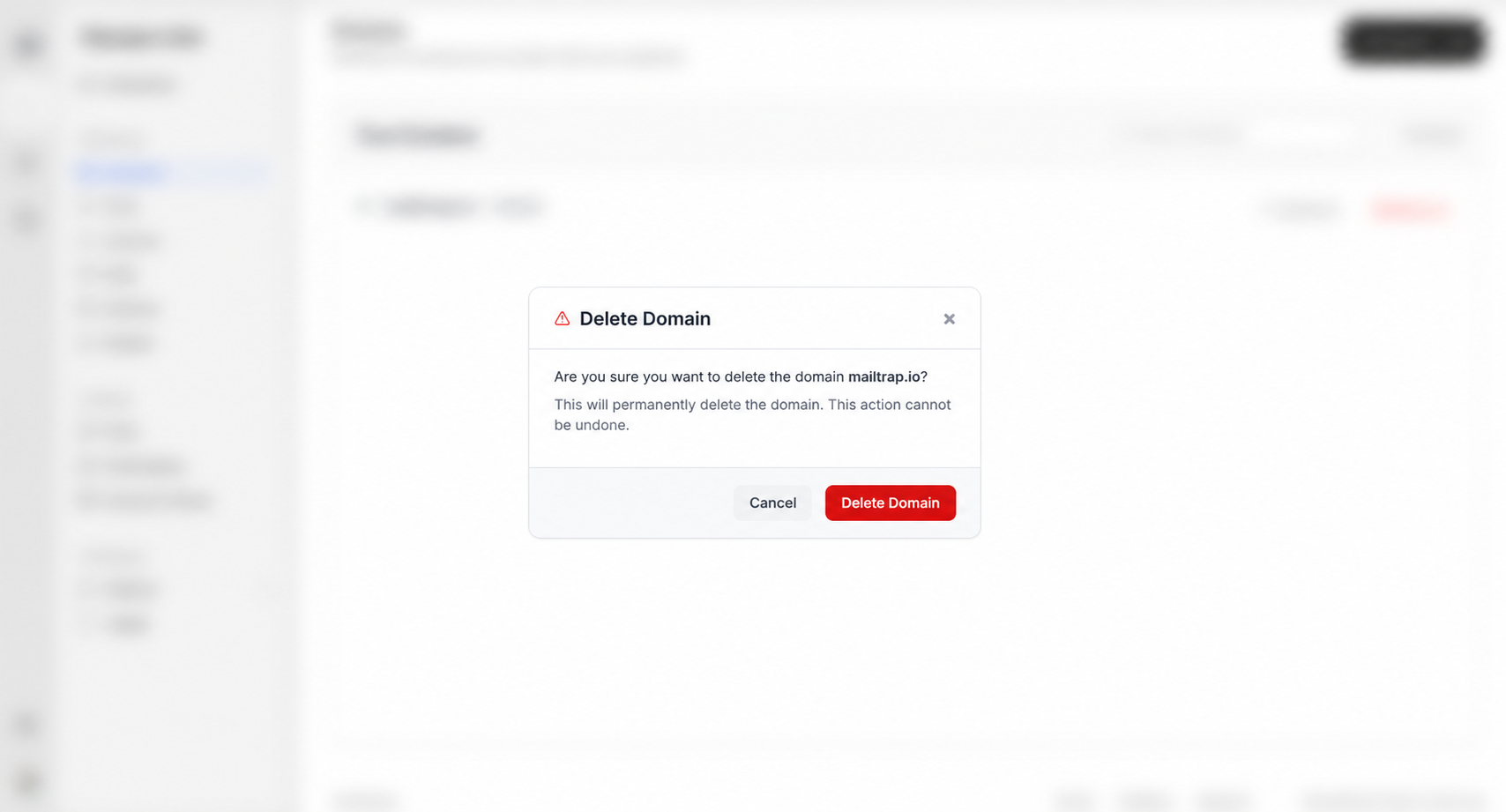 Delete Domain confirmation for mailtrap.io