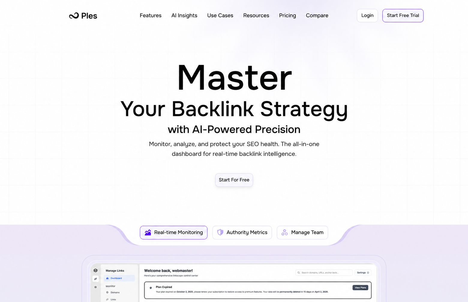 Ples homepage with Master Your Backlink Strategy headline, Start For Free, and feature tabs