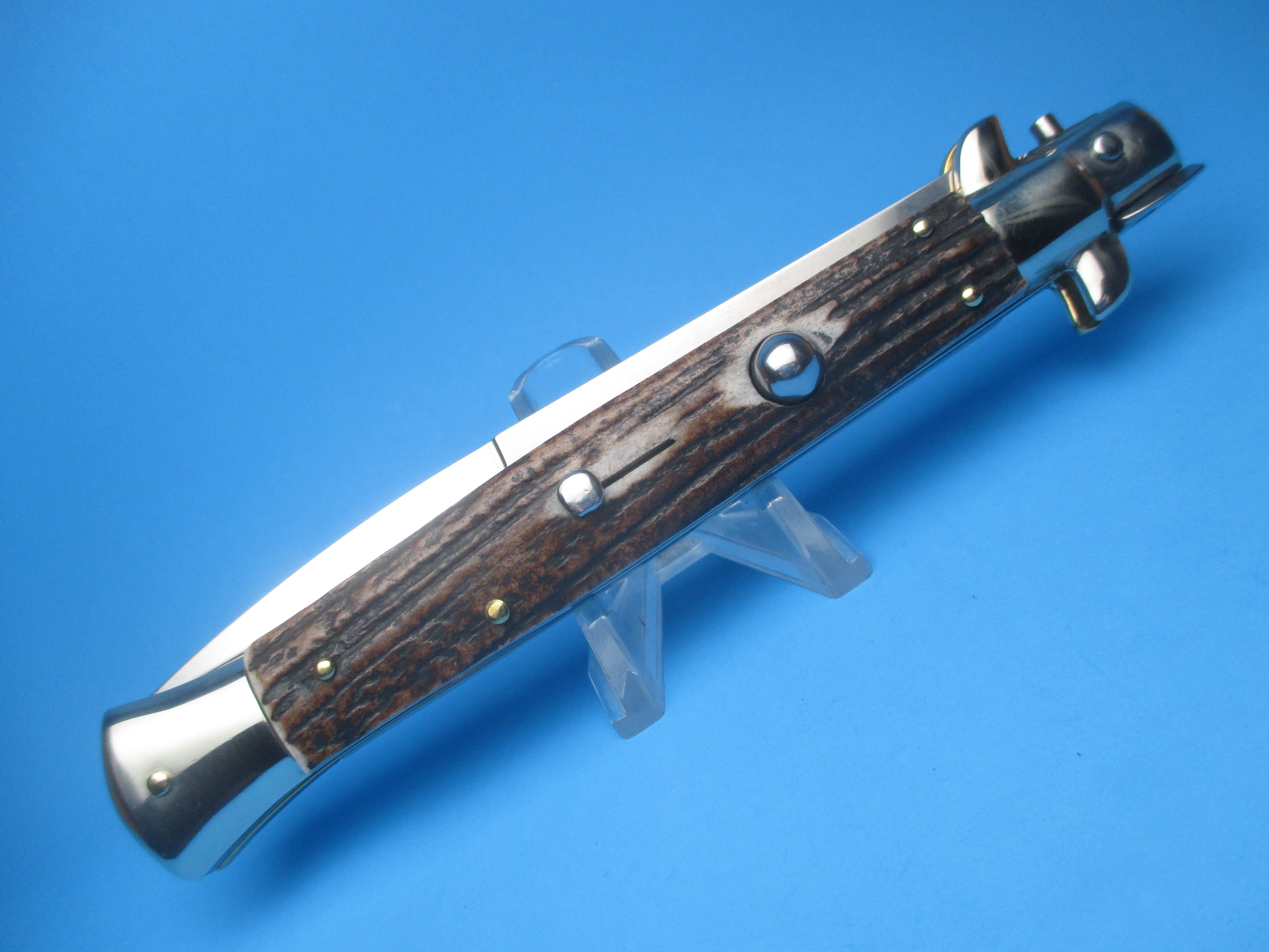Frank Beltrame 11" Stag Horn Picklock Switchblade with Bayonet Blade
