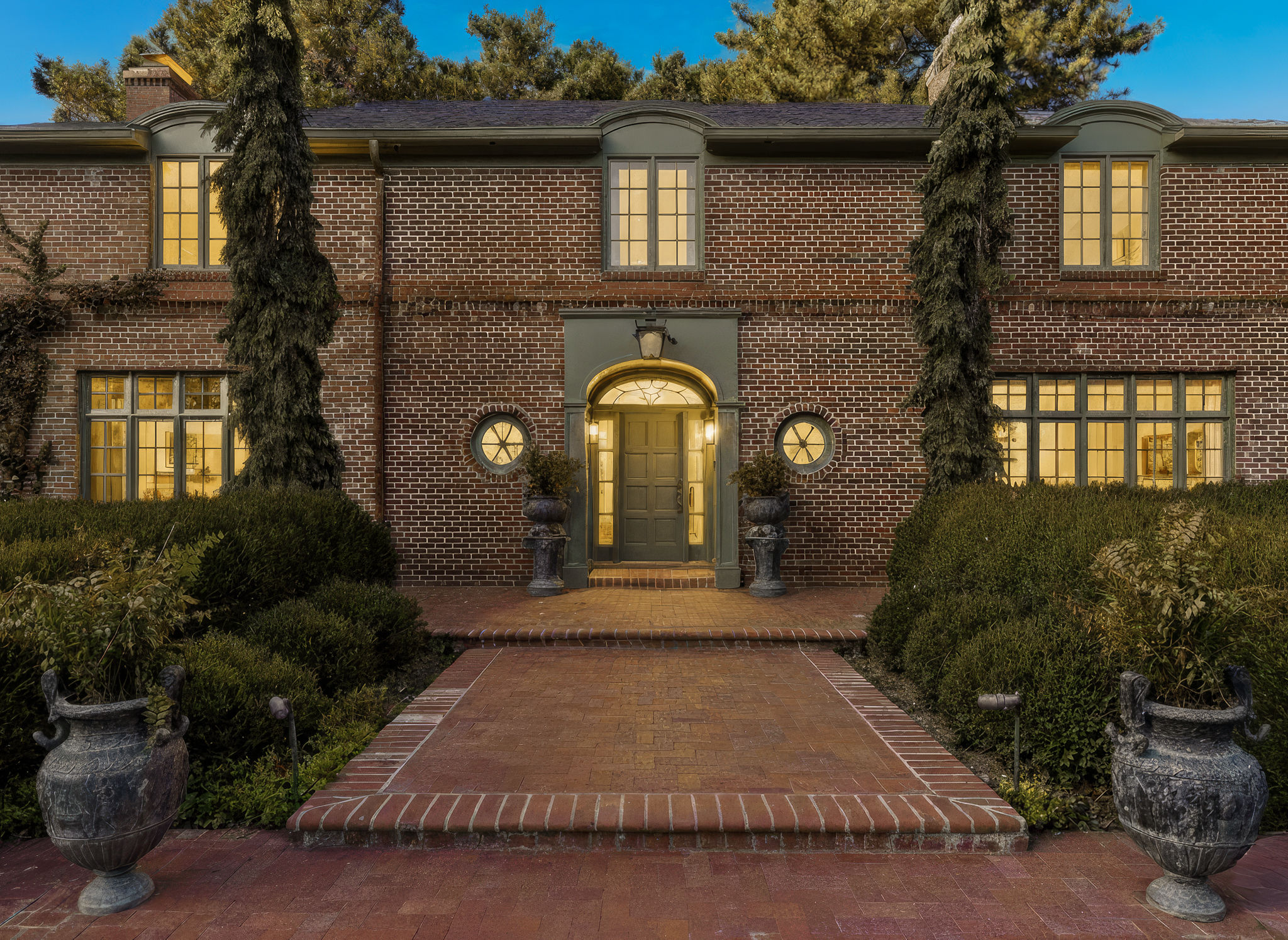 Wooden pergola with hanging flowers