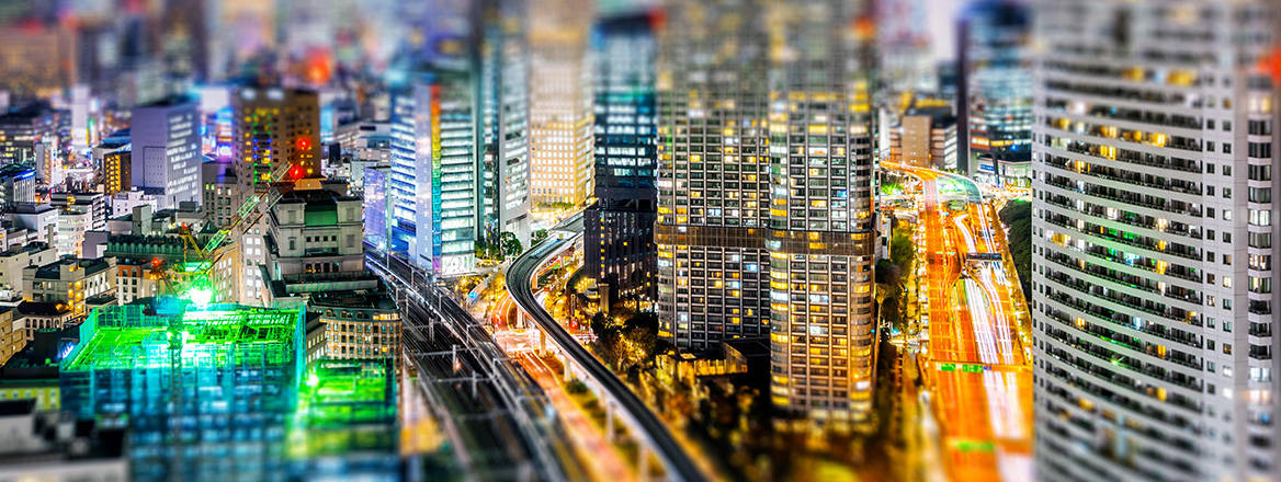 Tokyo bright lights cityscape with contrasting sharp focus and blur