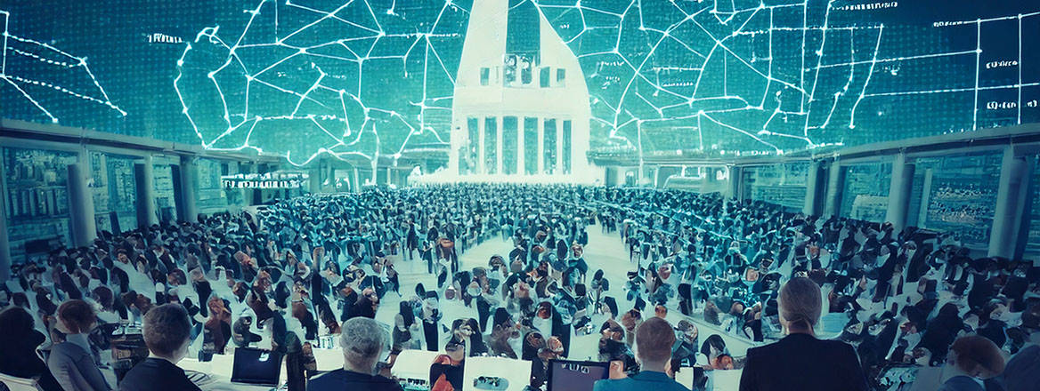 An AI-generated image of an open committee meeting, illuminated by an arc of electricity with the contours of a map of Paris.