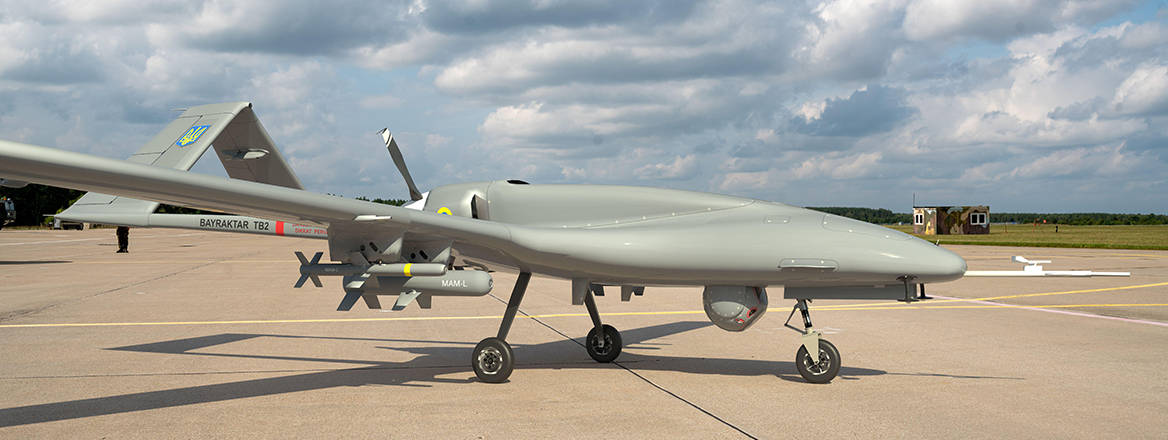 Bayraktar TB2 drone in the national colours of Ukraine