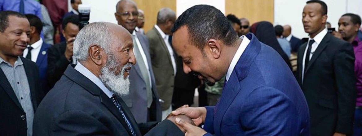 Abiy Ahmed with Le'ul Ras Mengesha Seyoum, member of the former royal family of Ethiopia and former governor of Tigray. Courtesy of Prime Minister of Ethiopia's Office