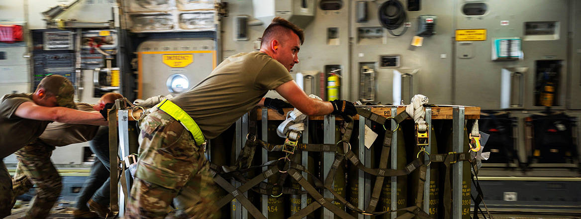 Slowly does it: US airmen load pallets of ammunition onto a C-17 Globemaster III bound for Ukraine in August 2022