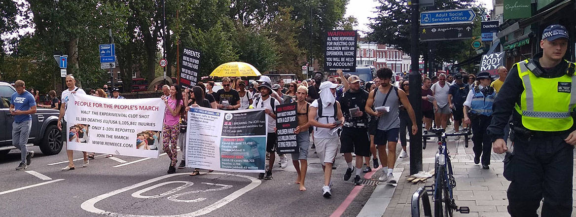 A protest against COVID-19 vaccines in London in September 2021. Courtesy of Mx Granger / Wikimedia Commons / CC0 1.0