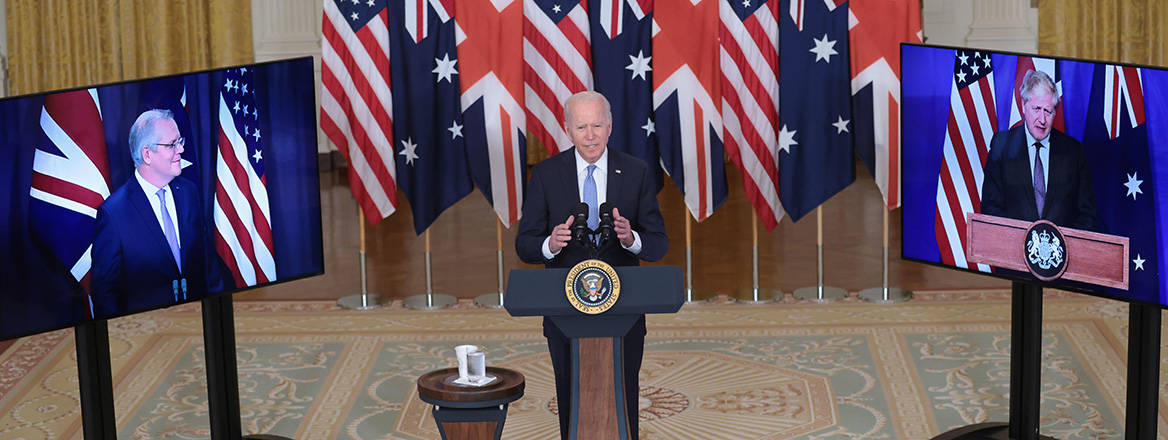 US President Joe Biden, flanked by Australian Prime Minister Scott Morrison and UK Prime Minister Boris Johnson, announces the creation of the AUKUS trilateral security partnership on 15 September 2021