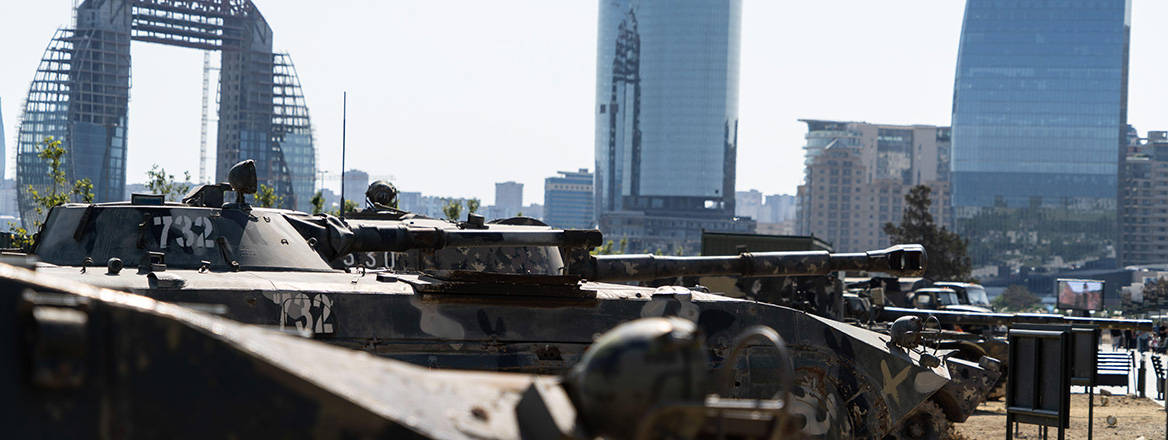 Armenian military vehicles captured during the Nagorno-Karabakh conflict on display at the 'Trophy Park' in Baku, Azerbaijan