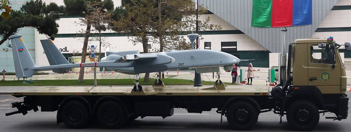 Baku, 9 December 2020. A truck carries a Heron-1 MK II medium-altitude long-endurance UAV manufactured by Israel Aerospace Industries