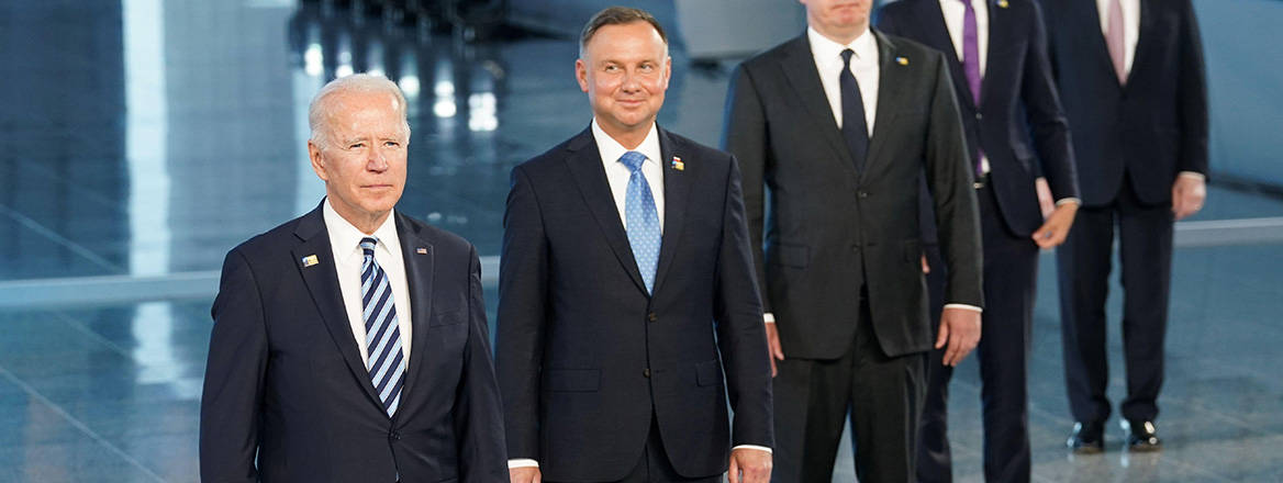 US President Joe Biden, Poland's President Andrzej Duda and other NATO heads of state and government pose for a family photo during the NATO summit in Brussels, Belgium, 14 June 2021. Courtesy of Reuters/Alamy Stock Photo
