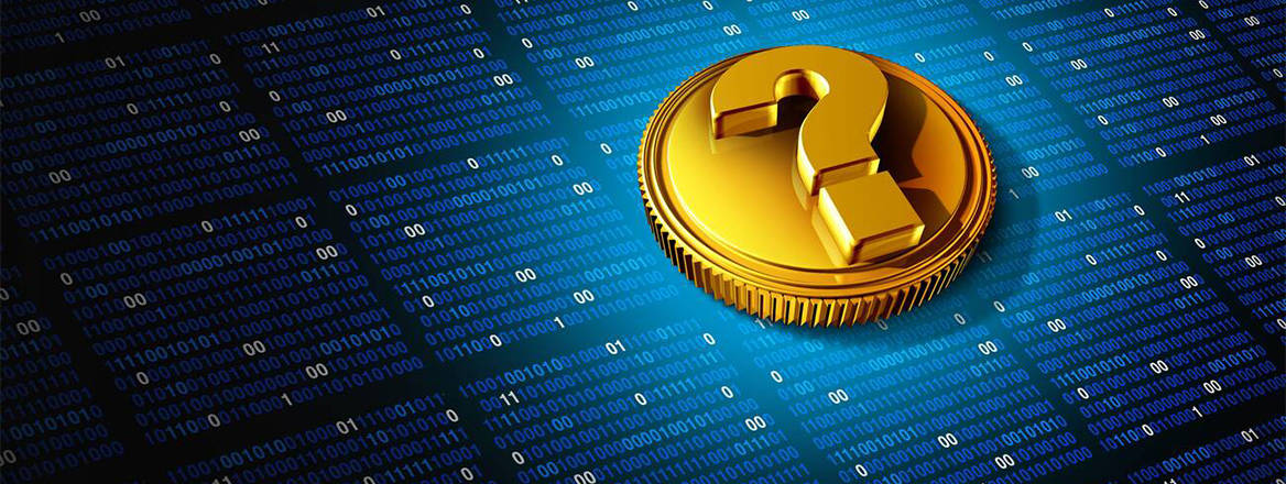 Gold bitcoin shape coin with a question mark on a computational background