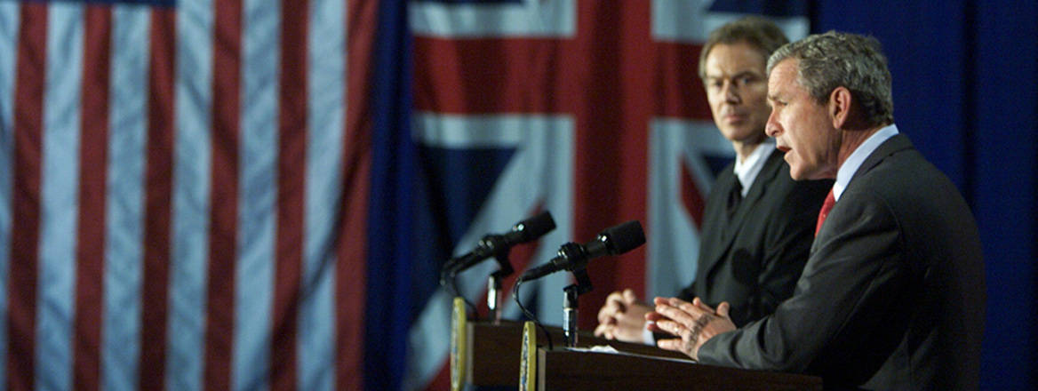 Former US President George W Bush and former UK Prime Minister Tony Blair at a joint news conference in 2002