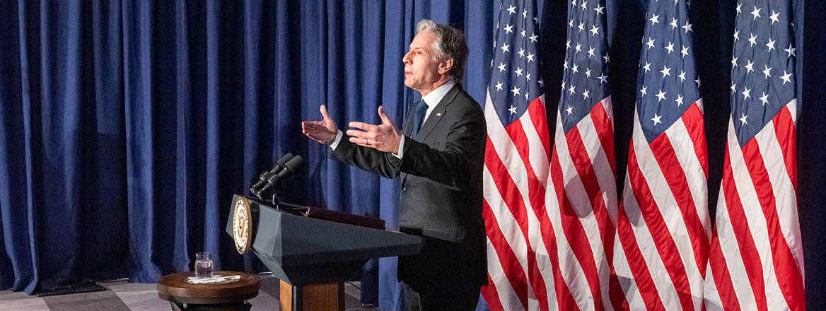 War of words: US Secretary of State Antony Blinken speaks at a Congressional reception in Munich, Germany, on 17 February