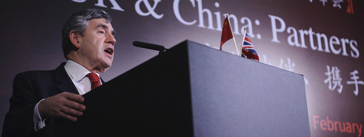 Former UK Prime Minister Gordon Brown delivers a speech during a UK-China business summit in 2009. Courtesy of PA Images / Alamy Stock Photo