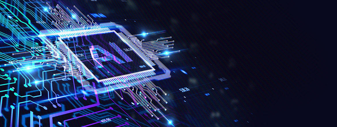 Concept art with the letters 'AI' on a digitally inspired background of a chip