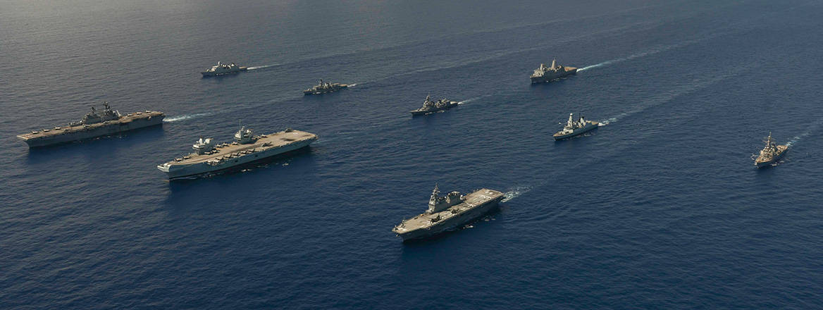 UK Carrier Strike Group (CSG 21) and USS America Expeditionary Strike Group (AMA ESG) taking part in Large Scale Global Exercise (LSGE) 21 in the Indo-Pacific on 20 August 2021