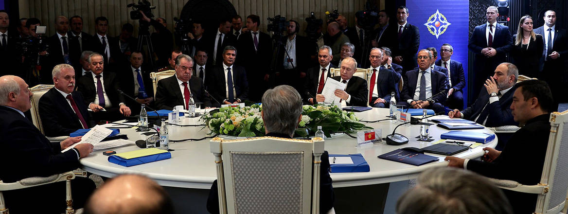 Unruly crowd: Vladimir Putin with leaders from CSTO member states at the recent summit in Yerevan