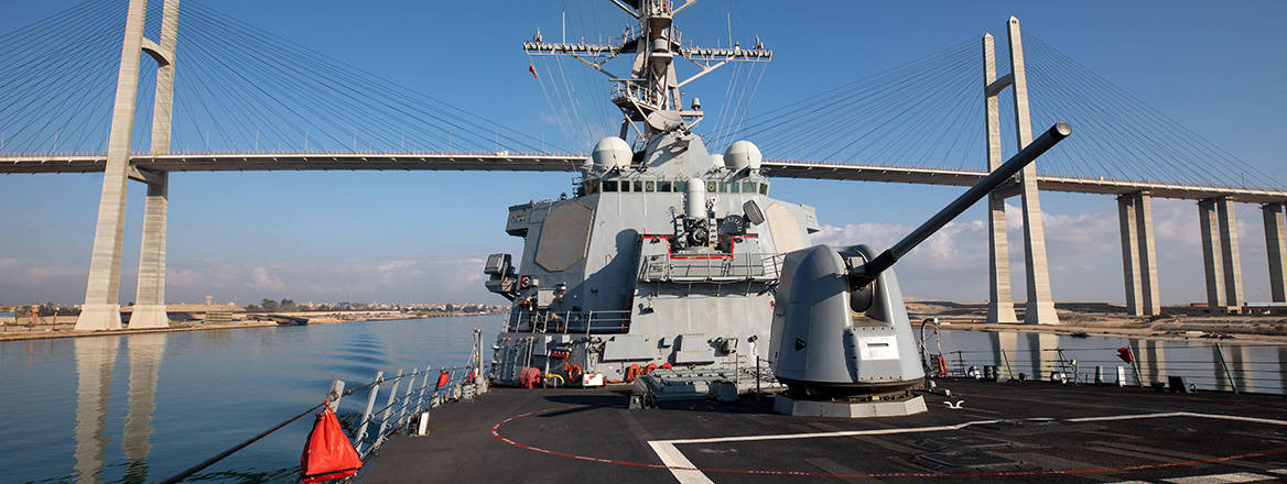 Critical platform: the US Navy Arleigh Burke-class guided-missile destroyer USS Laboon transits the Suez Canal into the Red Sea in December 2023