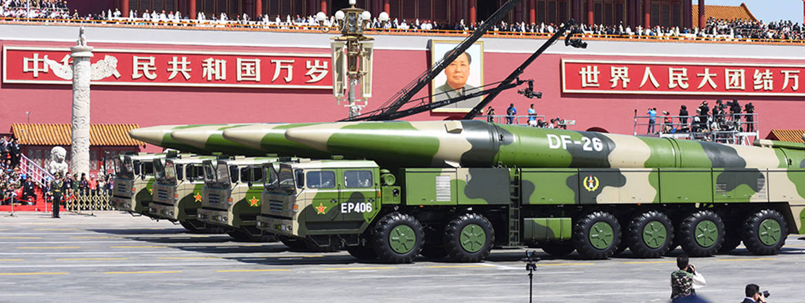 Growing arsenal: Chinese DF-26 missiles, capable of carrying nuclear warheads, pictured at a military parade in Beijing in 2015