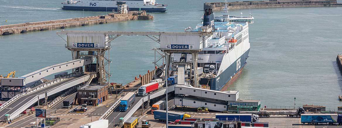 Picture of lorries offloading from a ferry at Dover.