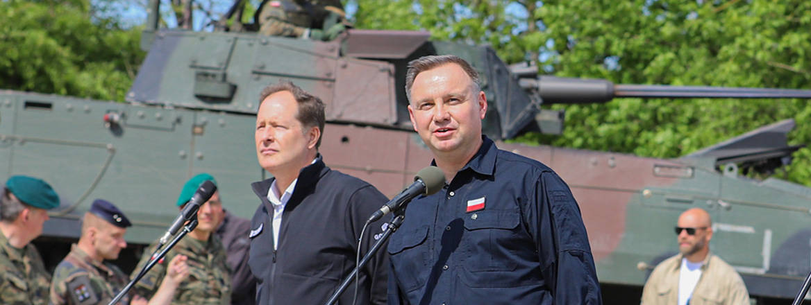 Front and centre: Polish President Andrej Duda gives a speech during the Defender Europe exercises in May 2022