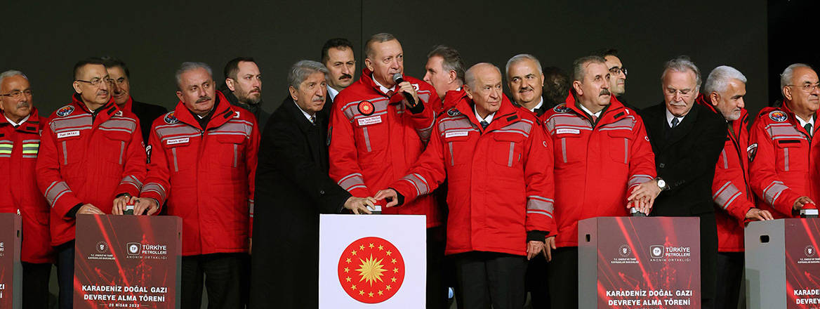 Big moment: Turkish President Recep Tayyip Erdogan attends a commissioning ceremony for a new gas field in April 2023