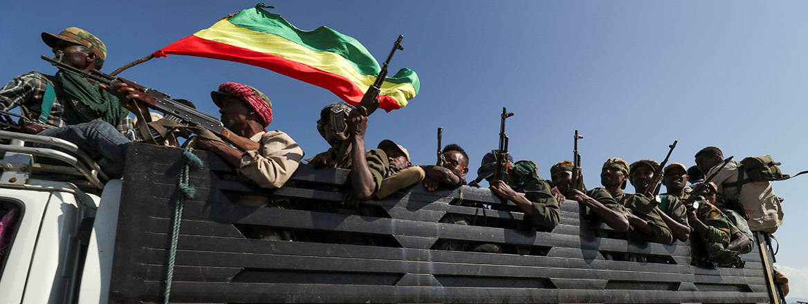 Members of Amhara region militias heading to face the Tigray People's Liberation Front (TPLF) in November 2020