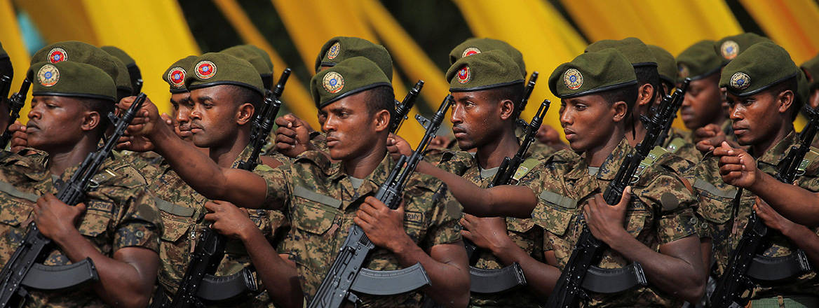 Members of the Ethiopian National Defense Force march during a rally to celebrate the swearing in of Ethiopia’s Prime Minister Abiy Ahmed on 4 October 2021