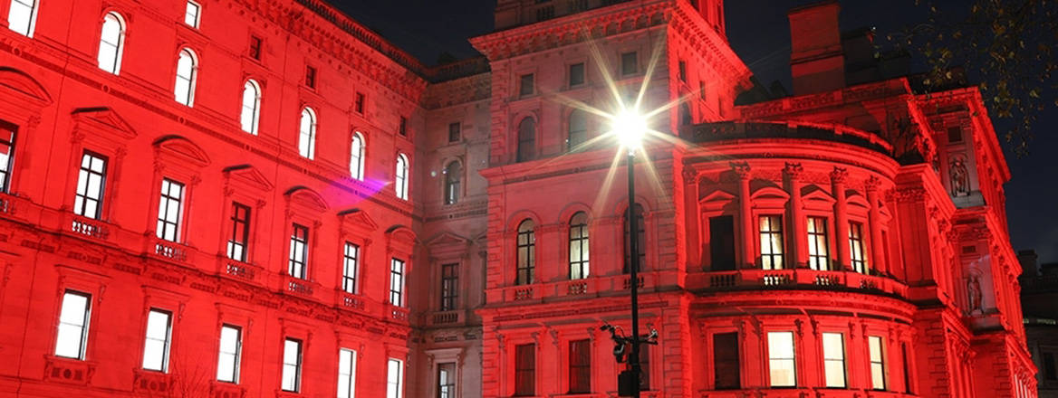 The Foreign, Commonwealth & Development Office building in London lit up in red in solidarity with persecuted Christians across the world