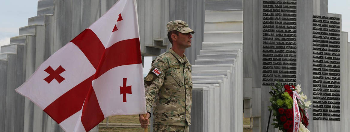 A Georgian Defense Forces soldier pictured during an August War memorial ceremony at Vaziani Military Base, Georgia, 2018