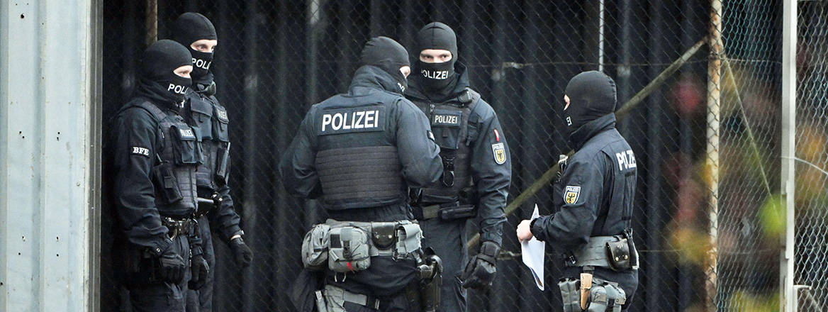 Taking no chances: masked policemen pictured in Karlsruhe after raids against a far-right group suspected of planning a coup