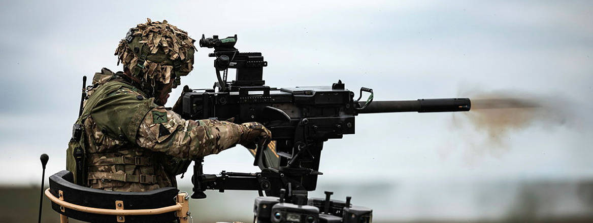 Practice makes perfect: a soldier fires a vehicle-mounted grenade machine gun during Exercise Wessex Storm in April 2023