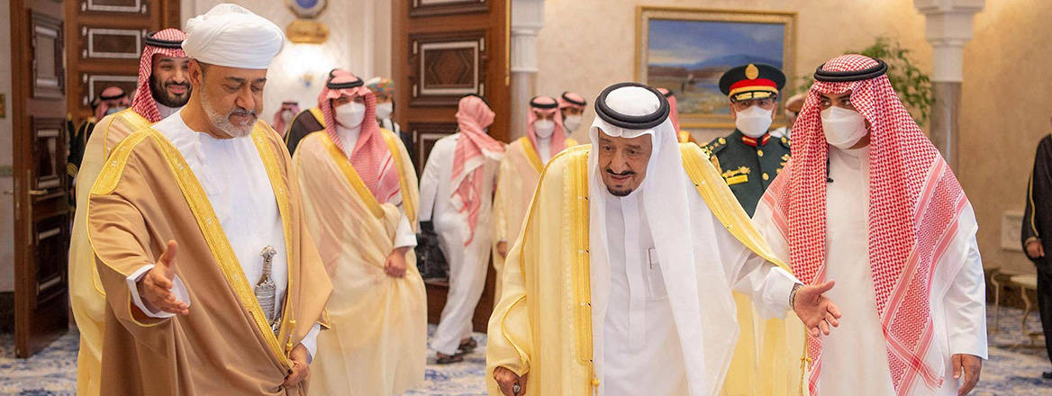 Saudi King Salman bin Abdul Aziz receives Sultan Haitham of Oman at Neom airport, Saudi Arabia, on 11 July 2021