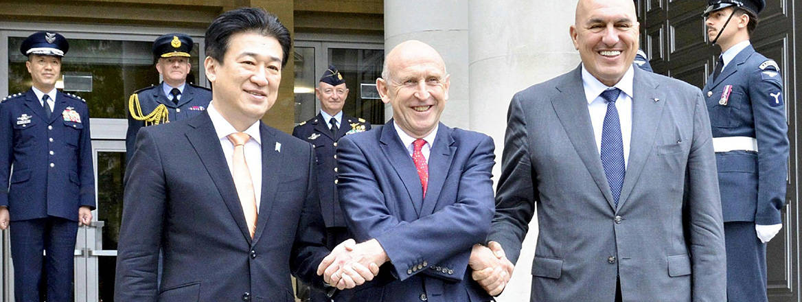 Damage mitigation: Defence Secretary John Healey with his Japanese and Italian counterparts at a meeting in London in July 2024