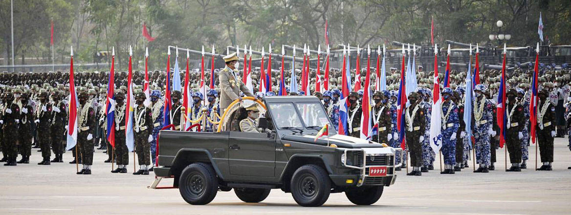 Back in charge: Myanmar's junta chief General Min Aung Hlaing inspects his troops during a ceremony in March 2022