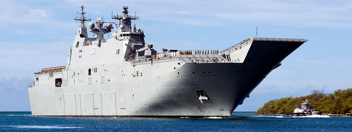 A new era: the Royal Australian Navy ship HMAS Canberra pictured during recent exercises in the Pacific. Image: US Navy