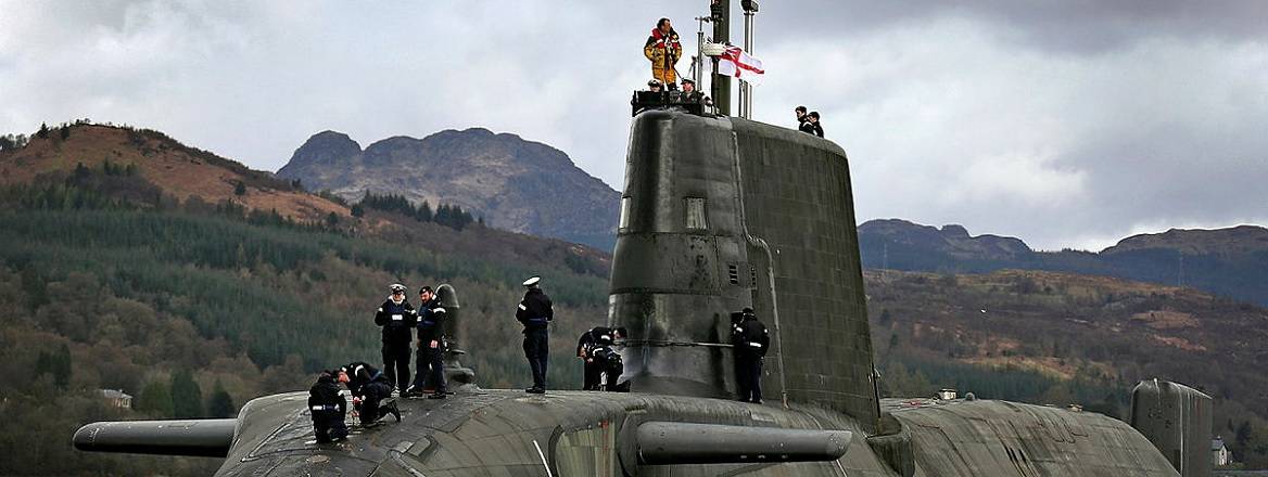 The Royal Navy's SSN HMS ASTUTE. ASTUTE sailing from her homeport at HMNB Clyde under Scottish skies