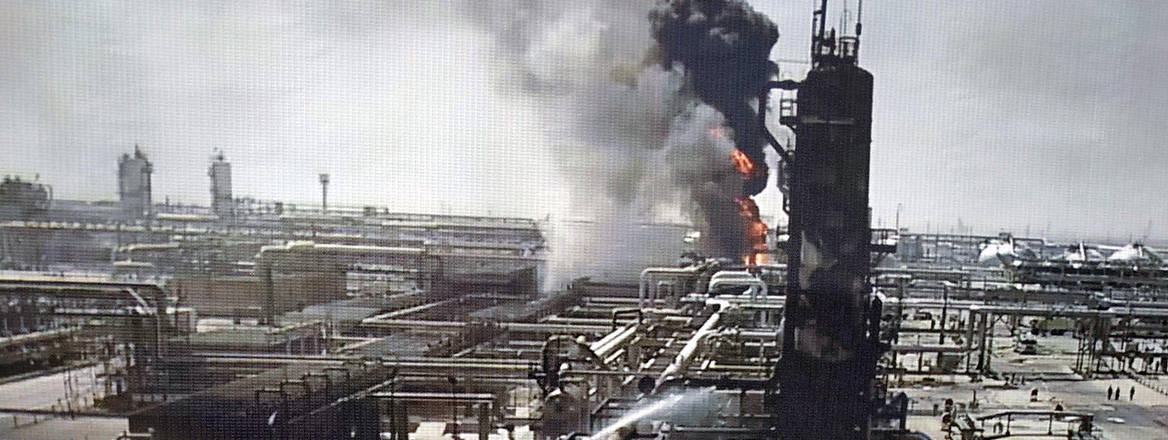 The aftermath of a drone attack on the Saudi Aramco oil refinery at Abqaiq in 2019. Courtesy of Sipa US / Alamy Stock Photo