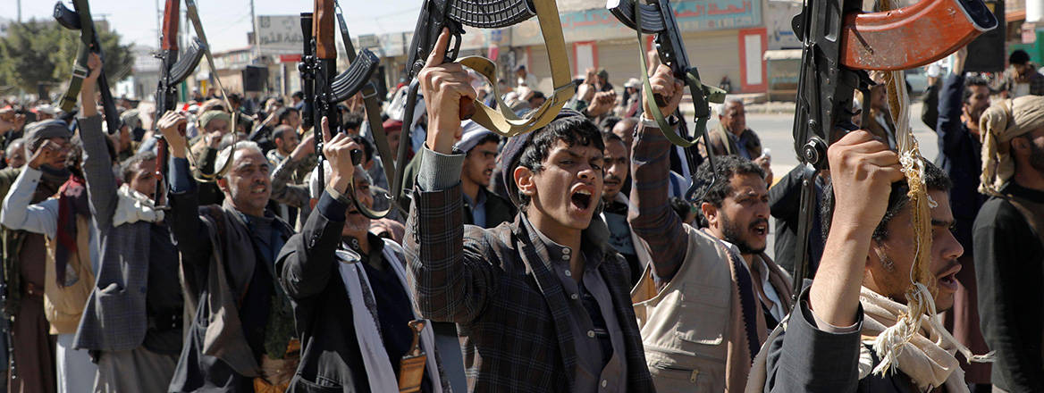 Not backing down: newly recruited Houthi fighters chant slogans in a demonstration against the US and UK attacks in the Yemeni capital of Sanaa
