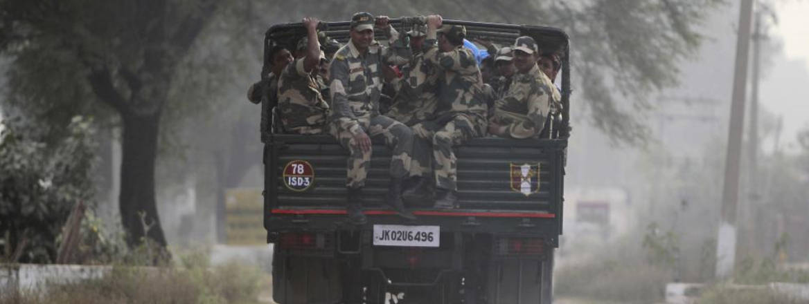 Indian border security force soldiers off to a night patrol