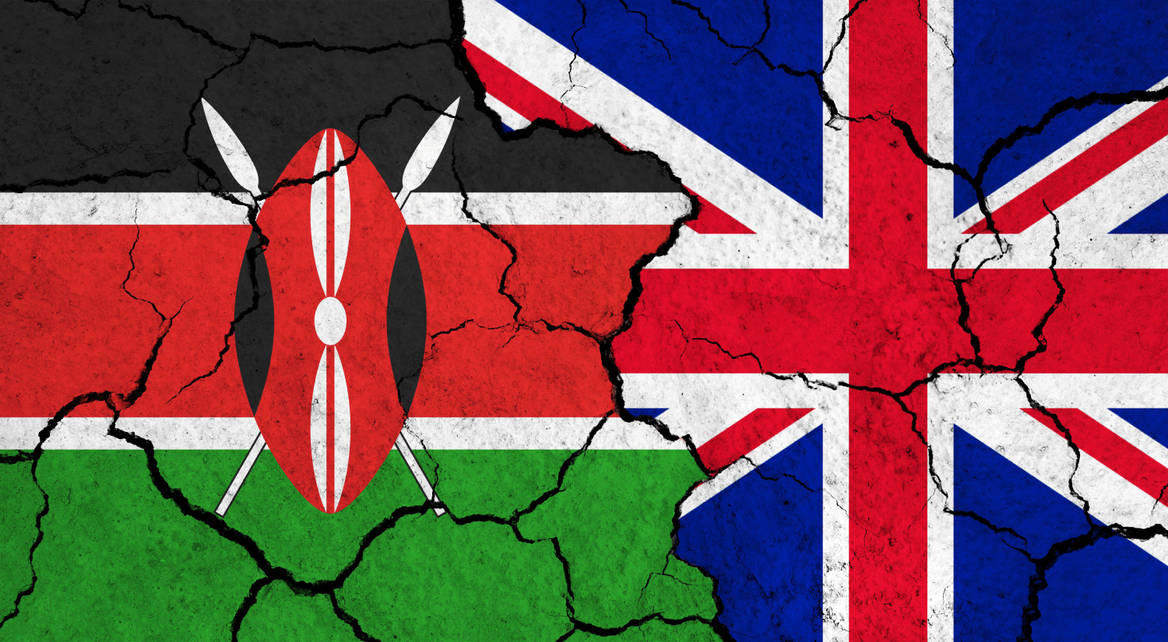 Kenya and UK flags appearing on a cracked background