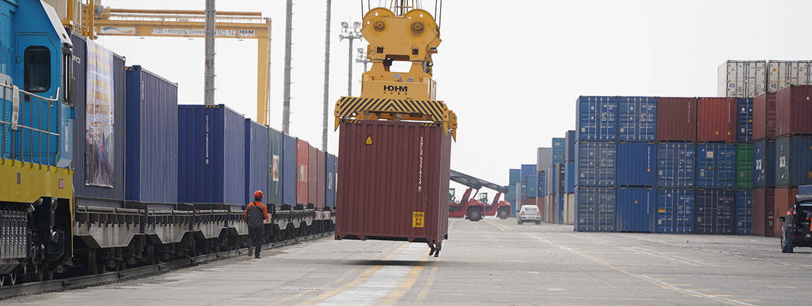 Transit hub: cargo containers are unloaded at the dry port of Khorgos, on the border between China and Kazakhstan