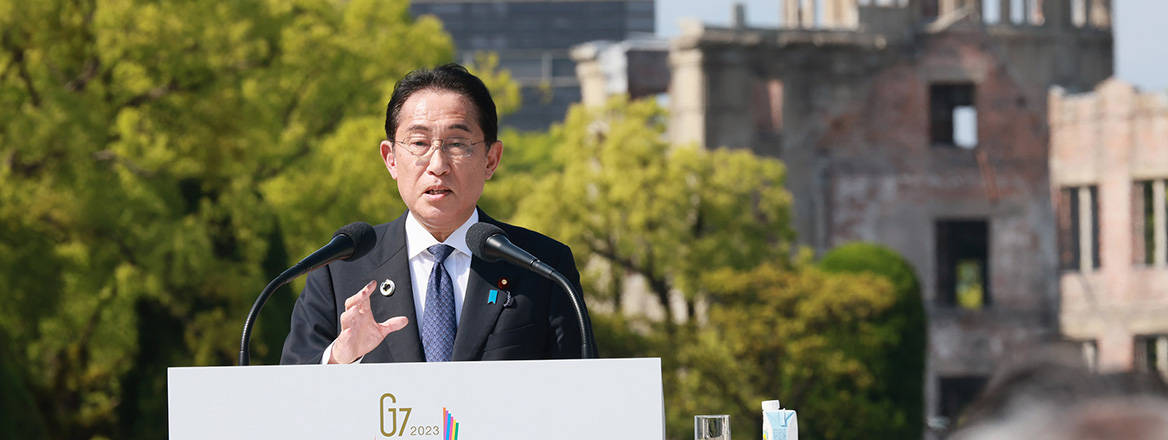 Symbolism not lost: Japanese Prime Minister Fumio Kishida gives a press conference in front of the Hiroshima Memorial during the G7 Summit in May 2023