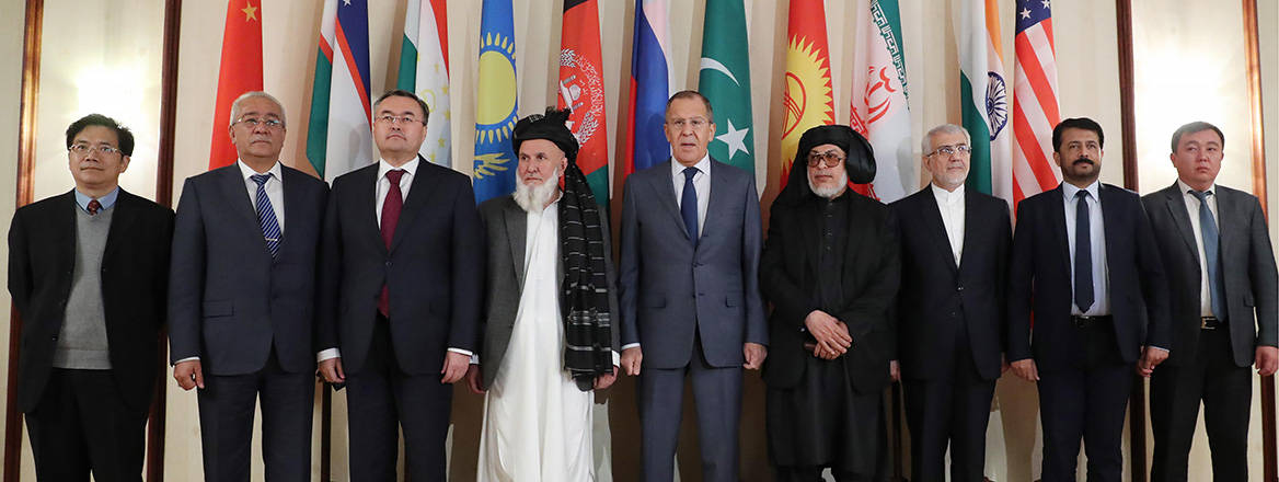 Russian Foreign Minister Sergei Lavrov with representatives of the Taliban and Central Asian countries during talks in Moscow in 2018